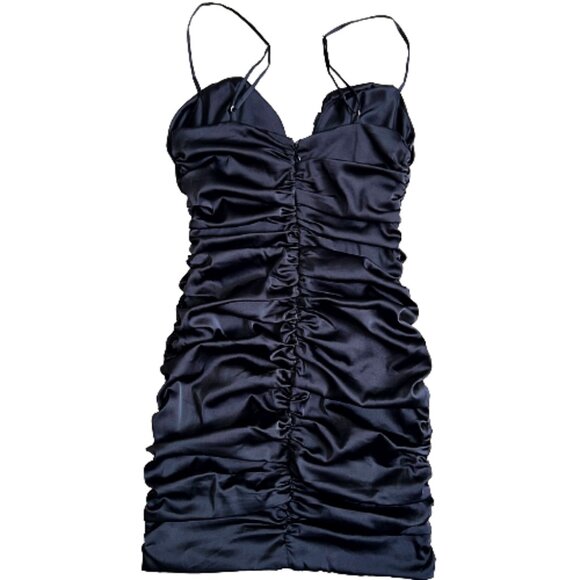 Oh Polly Dark Romance Plunge Ruched Satin Mini Dress Black Size 4 Party Satin - Picture 6 of 9